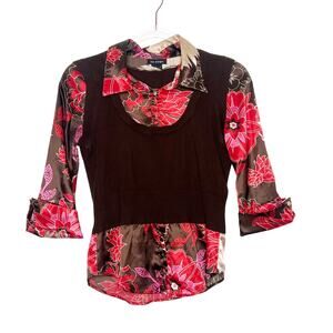 COOL ATTITUDES Y2K Havana Printed Top 3/4 Sleeve Floral Brown Red Womens Size M